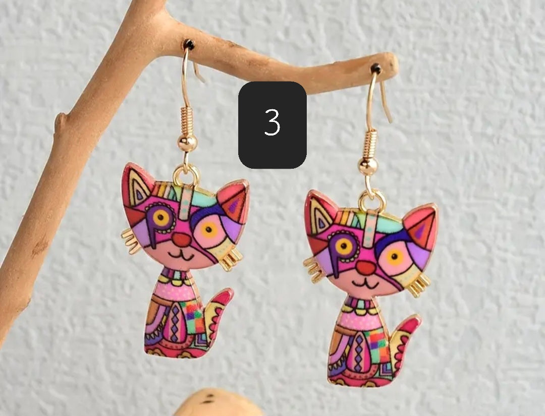 Boucles d'oreilles pendantes chat plusieurs coloris